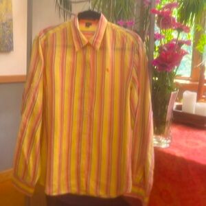 Ralph Lauren l/slv linen yellow and orange vertical striped button down shirt
